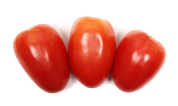 Organic fresh ripe red whole tomato isolated on white background, top view