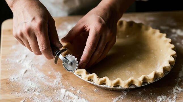 Hands shape raw pastry dough for pie crust on wooden board with flour. Baker uses pastry wheel tool to crimp edge for homemade dessert preparation.