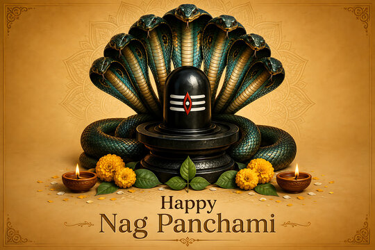 Magnificent seven headed green snake protecting sacred black stone honoring shiv lingam mahadev adorned with yellow flowers for the nag panchami celebration