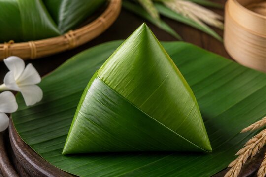 Leaf wrapped triangular parcel resting on large banana leaf