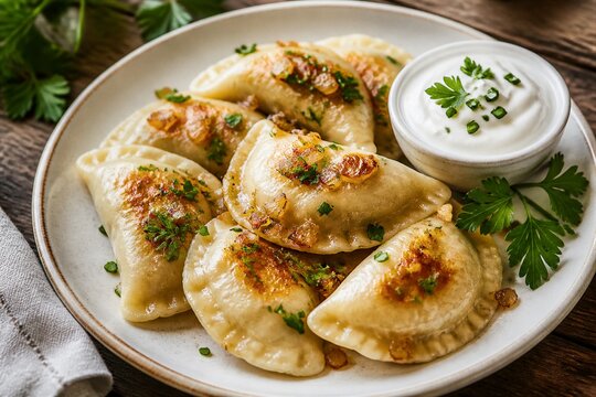 Pan fried dumplings served on plate with creamy dipping sauce