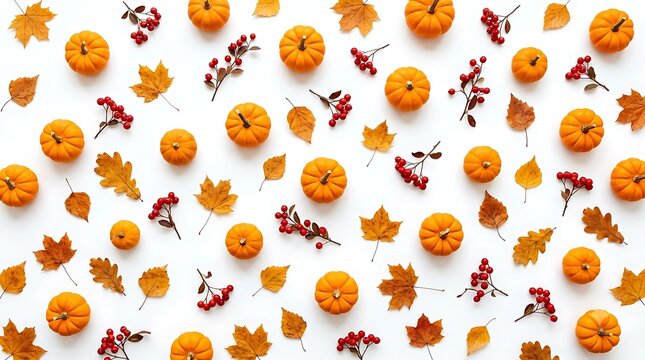 Fall harvest pattern with pumpkins and red berries