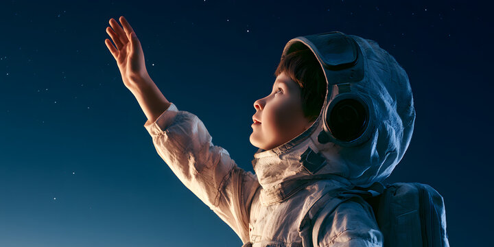 A young boy in a spaceman costume gazes at the night sky, filled with dreams of space exploration. A joyful child imagines a bright and promising future