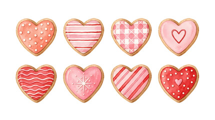 Obraz premium Collection of eight heart-shaped cookies with various pink and red icing patterns, watercolor on a white background, for holidays isolated on a transparent background