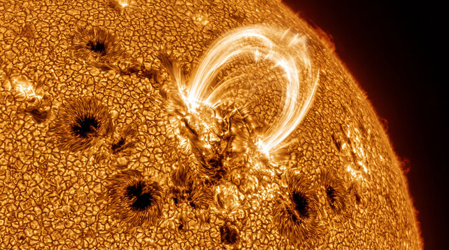 Detailed 3D rendering of the sun surface featuring massive magnetic coronal loops solar flares and clusters of dark sunspots