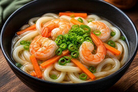 Shrimp udon noodle soup garnished with scallions in bowl