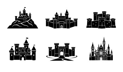 Naklejka premium 70 Medieval Castle Silhouettes Collection, Royal Fortress Icons, Fantasy Kingdom Structures, Historic Architecture Vector Set 100