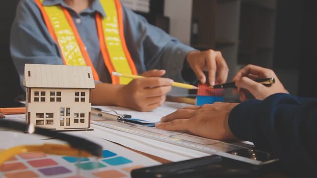 Meeting between the architect and the works manager at the office to discuss the progress of the site and check compliance with the plans