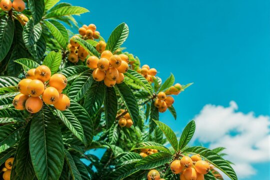 Loquat tree bearing orange fruits against clear blue sky