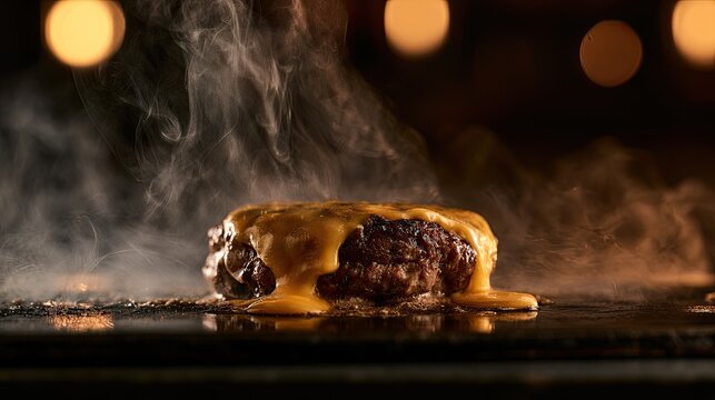Steaming cheeseburger patty melts on hot grill, emitting savory aroma