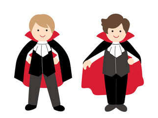 Fototapeta premium Cute Halloween little vampires vampire costume boy illustration set. Spooky cartoon boys dressed as Dracula isolated. White background.