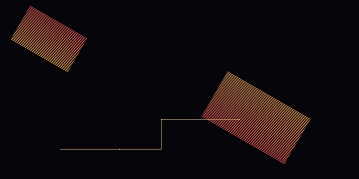 Abstract geometric composition with floating orange rectangles and thin connecting lines on black background.