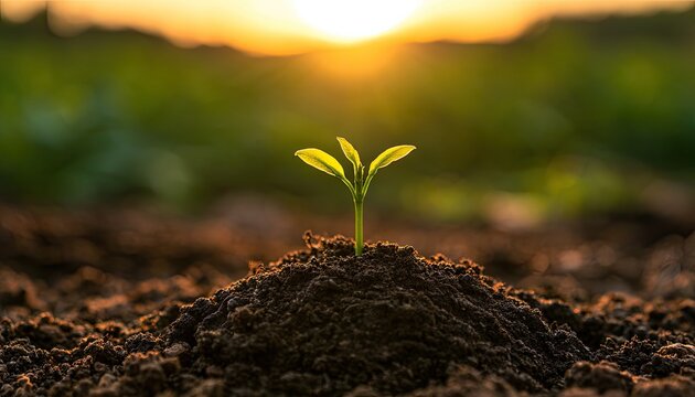 Tiny seedling emerging from fertile soil at sunrise, symbolizing new beginnings