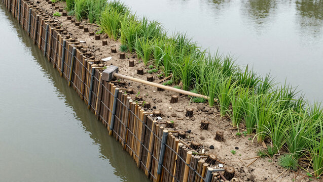 Willow fascines stabilizing an eroded riverbank