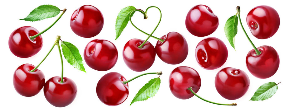 Set of ripe juicy sweet cherries with stems and leaves isolated on transparent background.