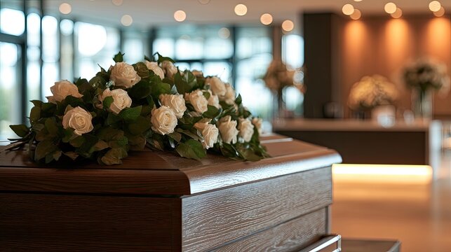 A wooden casket adorned with a white rose bouquet in a funeral home