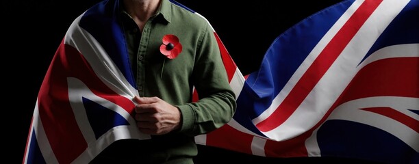 Fototapeta premium Man wears poppy flower and Union Jack flag. Commemoration of fallen soldiers. Remembrance Day honors war heroes. We remember and will not forget their sacrifice.