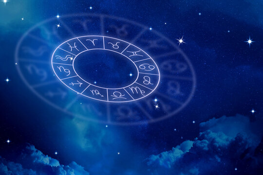 Astrological wheel with horoscope symbols against night sky with stars. Illustration