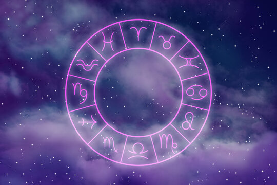 Zodiac wheel with astrological signs against night sky with stars. Illustration
