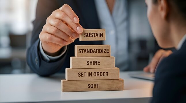 Business Process Improvement Concept with Wooden Blocks Showing Sustain, Standardize, Shine and Set in Order Workplace Organization Strategy