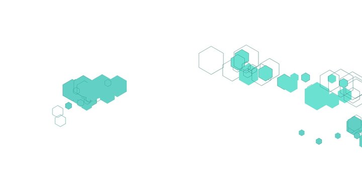 Abstract background with floating turquoise hexagonal shapes and geometric patterns.