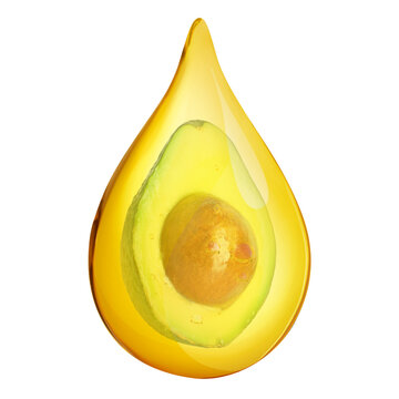 Avocado oil drop with fresh fruit inside on transparent background