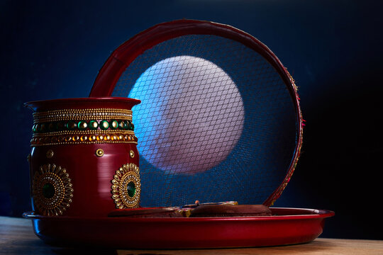 Karwa chauth puja thali with channi and moon