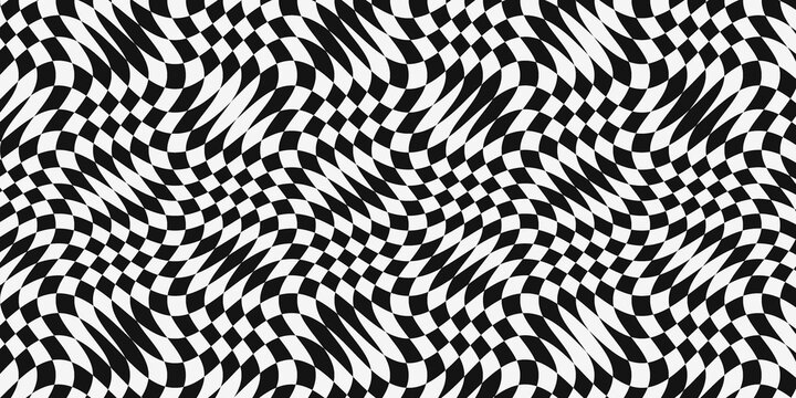 Abstract black and white checkered pattern with wavy distortion effect.
