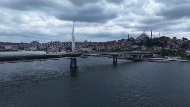 Istanbul Golden Horn and Bosphorus Scenic Cityscape with Eminonu and Halic Bridge on a Partly Cloudy Sunny Day