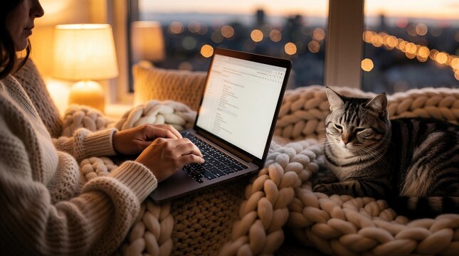 Young woman works on laptop at home during evening. Tabby cat rests on cozy knit blanket nearby. Warm ambient light from lamp creates peaceful atmosphere. Relaxed lifestyle scene with pet companion