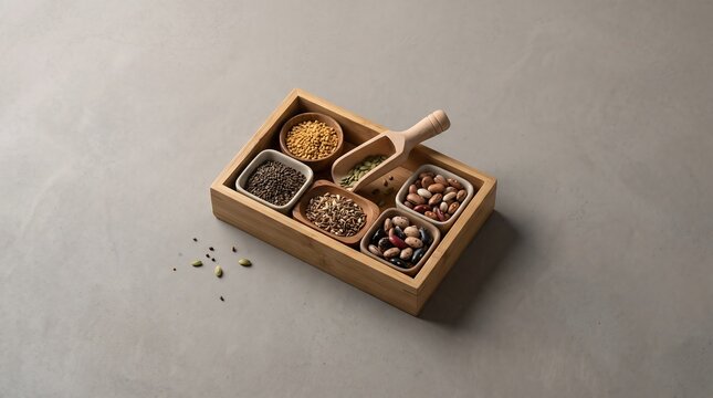 Wooden tray filled with various seeds and beans in small bowls, scoop for measuring ingredients.