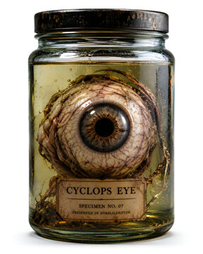 Colorful 3d cube with sky and city scene inside and text cyclops eye
