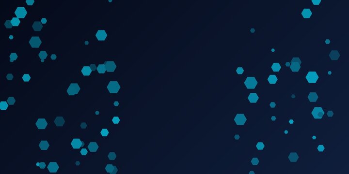 Abstract dark blue background with glowing teal hexagonal bokeh particles.