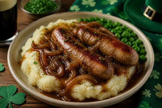 Bangers and mashed potatoes topped with onion gravy on plate