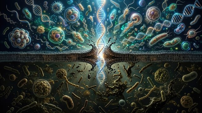 Microscopic cellular barrier transition, demonstrating eukaryotic evolutionary biology explosion, primordial organism crossing genetic membrane, complex dna structure separating ancient microbe world.