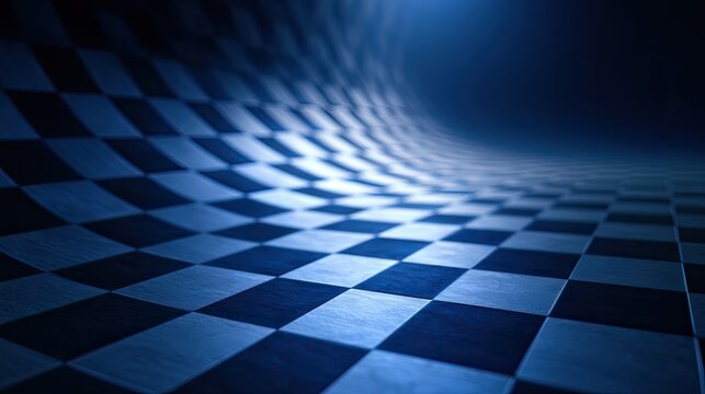 Abstract checkered surface curves into a luminous blue void