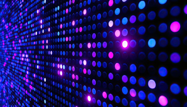 Luminous grid of blue and pink glowing dots receding into darkness