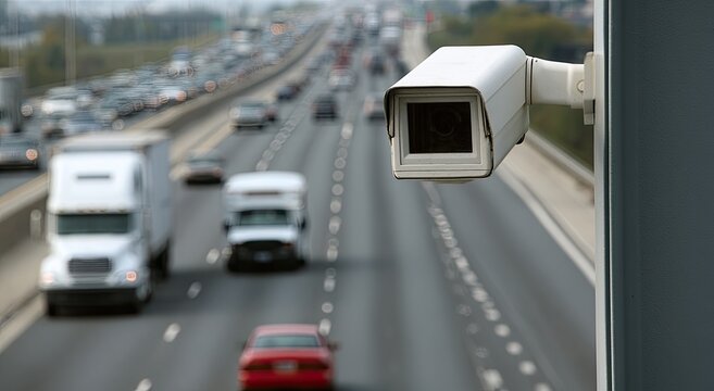 Surveillance camera mounted over a busy highway, monitoring traffic flow