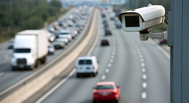 Surveillance camera monitors heavy traffic on a multi-lane highway