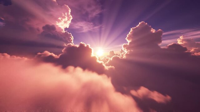 Cinematic timelapse of surreal fluffy clouds moving fast at sunset, cosmic pastel pink and deep violet sky seamless loop video background