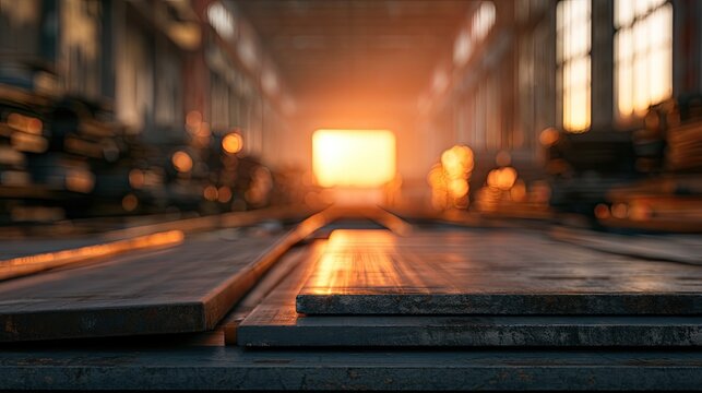 Metal sheets stacked in a dimly lit industrial building at sunset