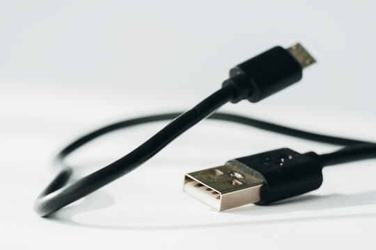 Black USB Cable Connector Plug Isolated on White Background
