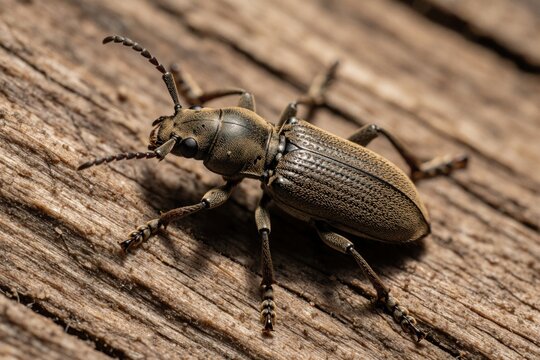 Close-up macro shot of rare Bothrideres bipunctatus dry bark beetle on weathered wood surface. Insect macro photography features detailed exoskeleton and long antennae of this forest dweller.