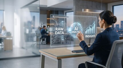 Fototapeta premium A businesswoman interacts with a transparent digital display presenting data analytics, ai insights, and network visualizations in an office setting.