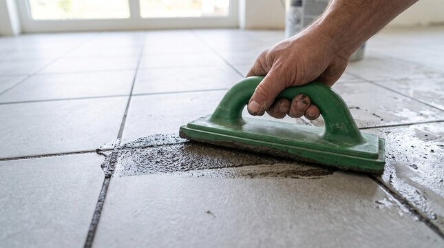 Worker hand using green rubber grout float tool to fill tile joints with cement grout compound on newly laid floor.