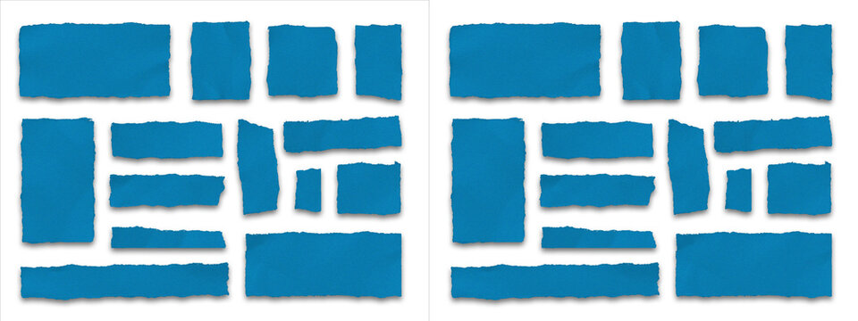 Set of blue textured paper tape strips with torn edges, isolated on transparent background, useful for scrapbooking, digital collages, and creative graphic design layout elements.