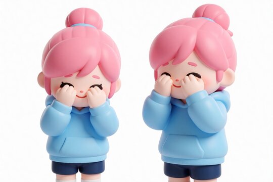Two cartoon girls with pink hair wear blue hoodies and cover their eyes with hands. They look shy and happy playing peekaboo. Adorable cute characters with blush cheeks.