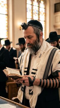 Bearded Orthodox Jewish man praying with a Hebrew book tallit and tefillin in a synagogue during Rosh Hashanah