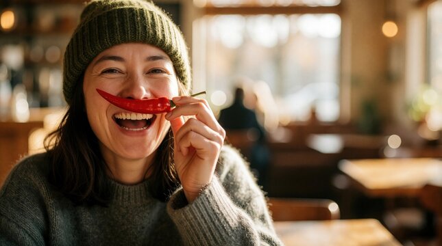 Woman wearing green beanie holds red chili pepper to her nose making funny face. She laughs indoors at a cafe. Authentic joyful person having fun.