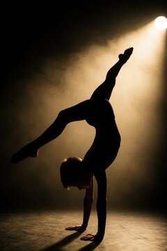 Silhouette of young female gymnast performing handstand in dark studio. Athletic woman shows flexibility, strength under bright spotlight. Artistic circus performer poses during acrobatic show on